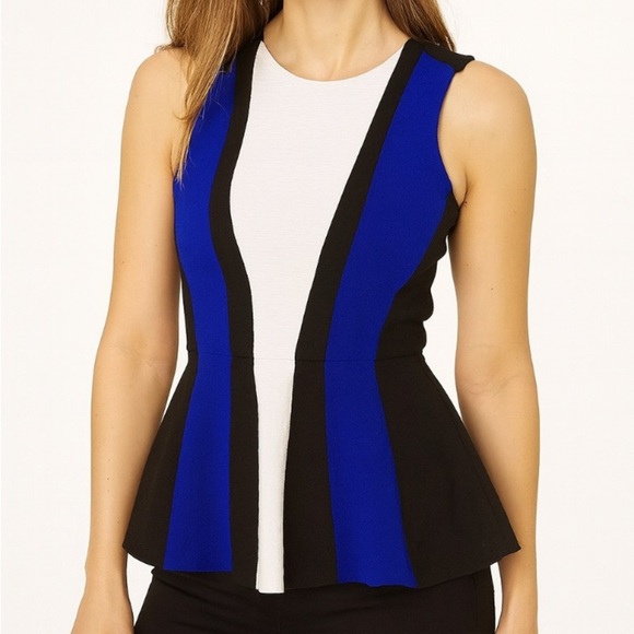 H&M Blue Black White Open Back Peplum Top Side Zip SZ 2 - Picture 1 of 9